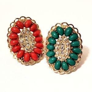 2 x LARGE OVAL SEEDBEAD RHINESTONE GIFT GOLD RINGS